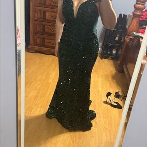Green Sequin Plunge Neck Prom Dress